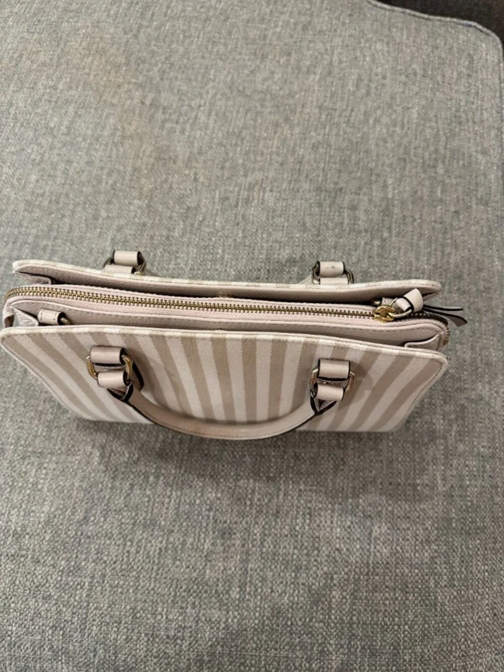 Kate Spade Lise Mulberry Satchel Beige Stripe Canvas Leather Top Handle Bag